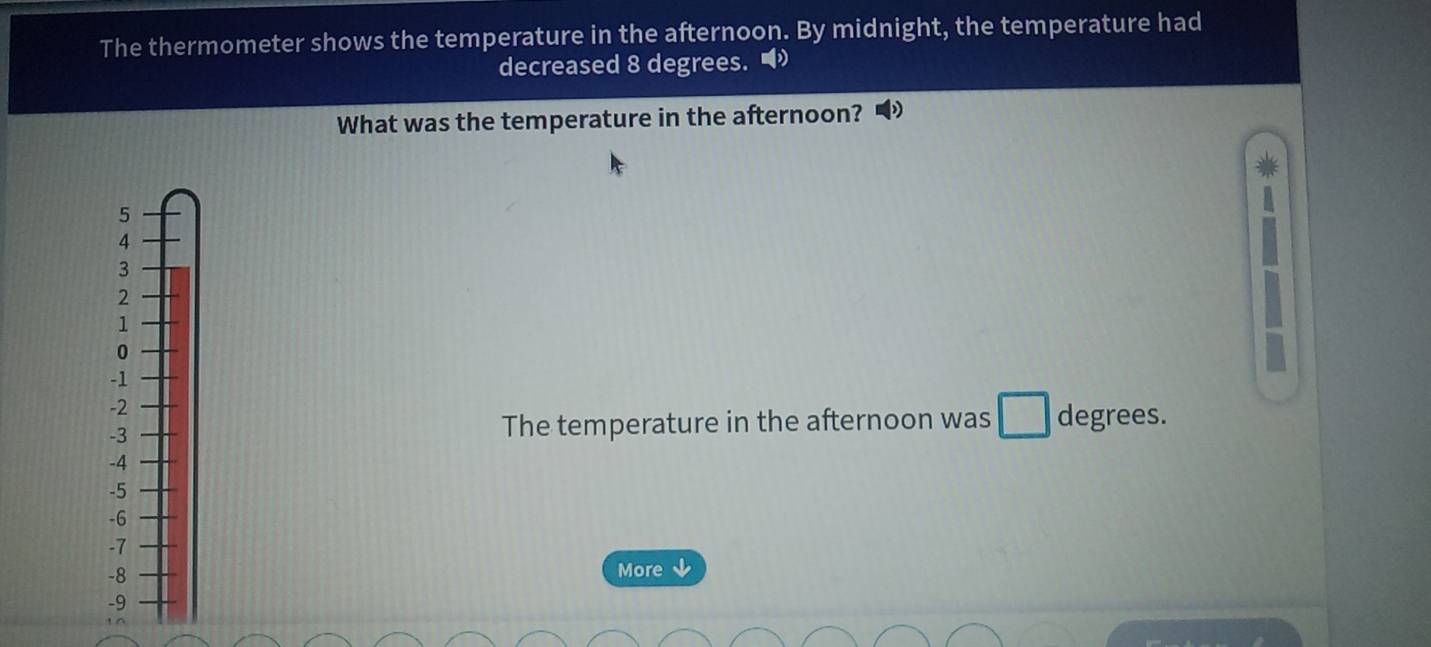 The thermometer shows the temperature in the afternoon. By midnight, the temperature had 
decreased 8 degrees. 
What was the temperature in the afternoon? • 
- 
- 
- The temperature in the afternoon was degrees. 
- 
- 
- 
- 
- 
More ↓ 
-