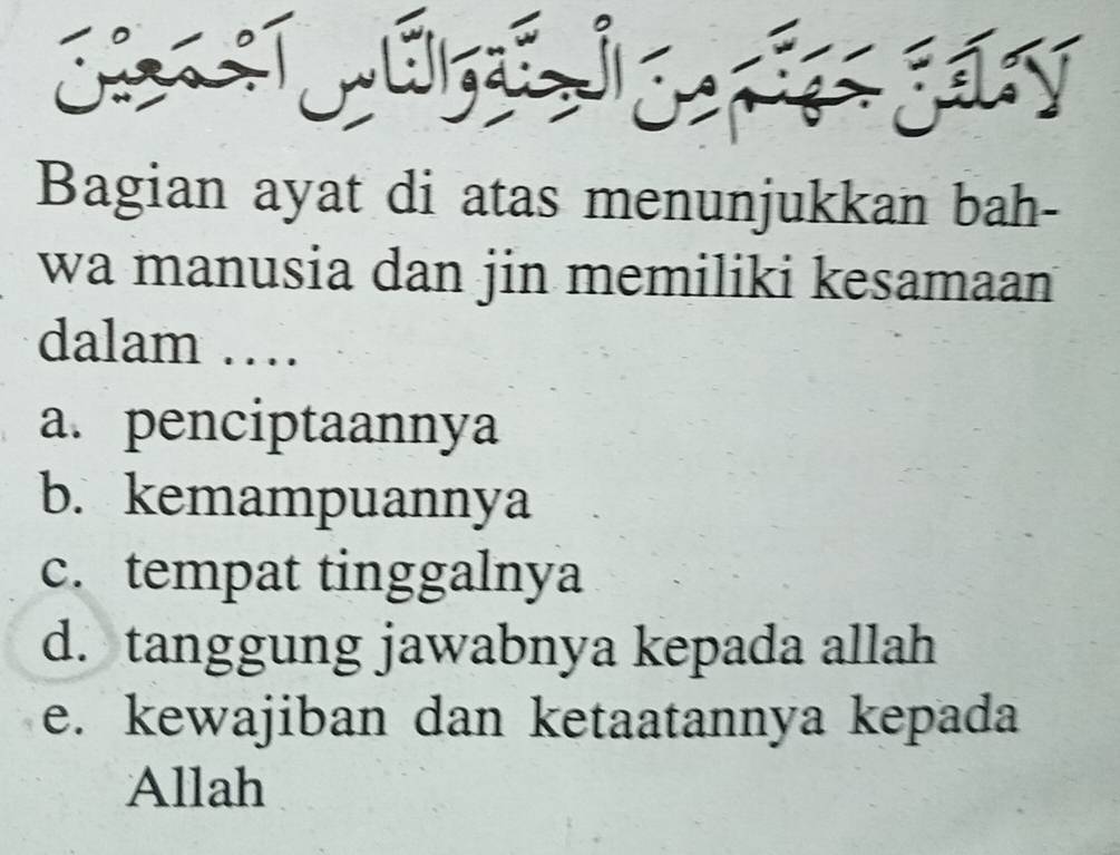 Bagian ayat di atas menunjukkan bah-
wa manusia dan jin memiliki kesamaan 
dalam …
a. penciptaannya
b. kemampuannya
c. tempat tinggalnya
d. tanggung jawabnya kepada allah
e. kewajiban dan ketaatannya kepada
Allah