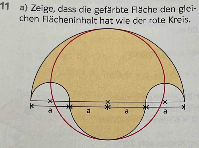 Zeige, dass die gefärbte Fläche den glei- 
chen Flächeninhalt hat wie der rote Kreis.