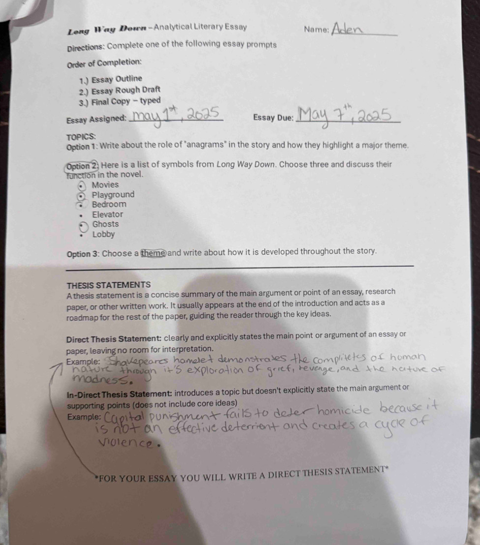 Solved: Long Way Down - Analytical Literary Essay Name;_ Directions ...