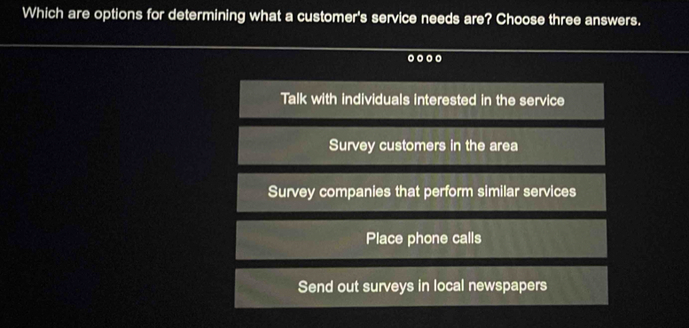 Which are options for determining what a customer's service needs are? Choose three answers.
...
Talk with individuals interested in the service
Survey customers in the area
Survey companies that perform similar services
Place phone calls
Send out surveys in local newspapers