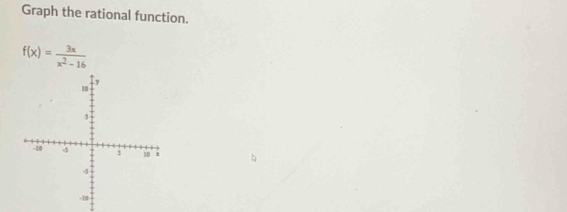 Graph the rational function.
f(x)= 3x/x^2-16 