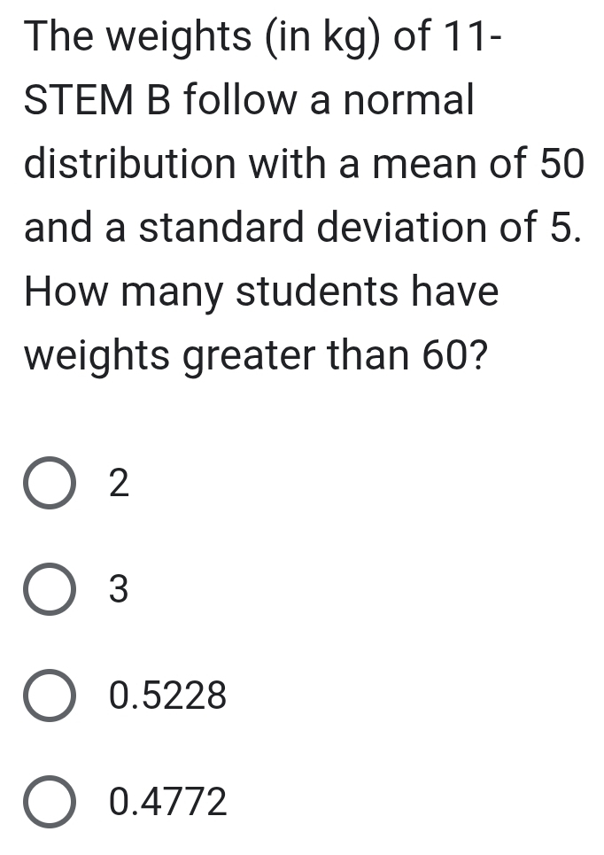 The weights (in kg) of 11 -
STEM B follow a normal
distribution with a mean of 50
and a standard deviation of 5.
How many students have
weights greater than 60?
2
3
0.5228
0.4772