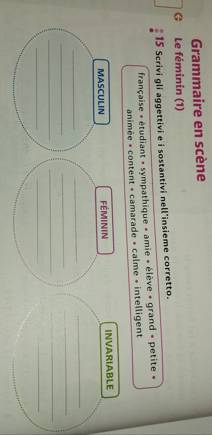 Grammaire en scène 
G Le féminin (1) 
15 Scrivi gli aggettivi e i sostantivi nell’insieme corretto. 
française • étudiant • sympathique • amie • élève • grand • petite » 
animée • content • camarade • calme • intelligent 
MASCULIN FéMININ 
INVARIABLE 
_ 
_ 
_ 
_ 
_ 
_ 
_ 
_ 
_ 
_ 
_ 
_