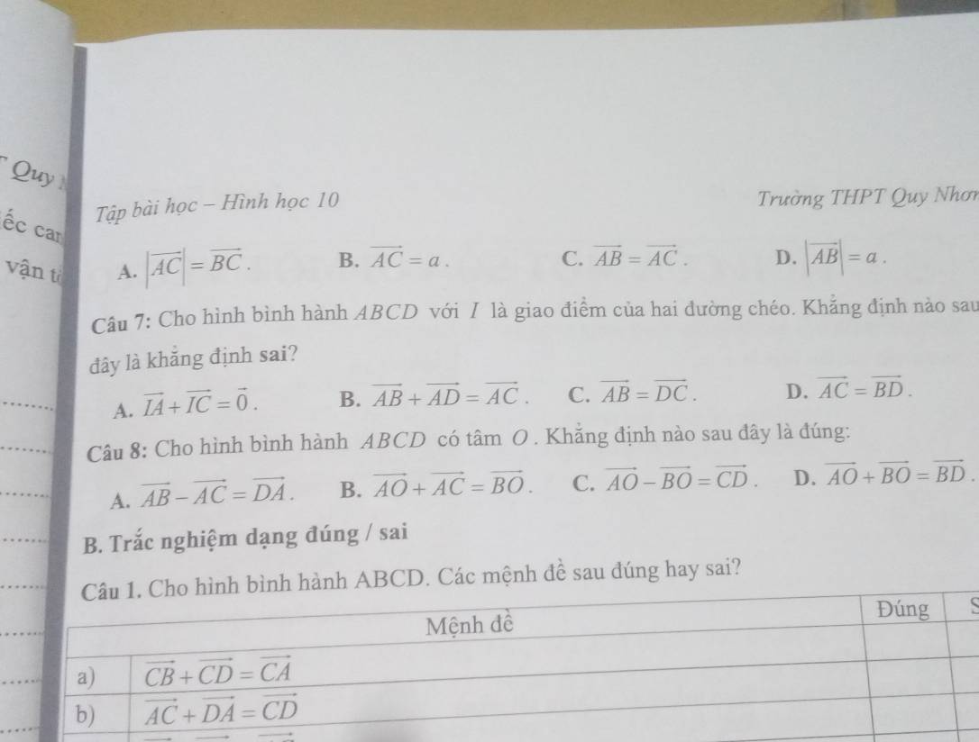 Quy 
Tập bài học - Hình học 10
Trường THPT Quy Nhơn
Éc car |vector AC|=vector BC.
vận t A.
B. vector AC=a. C. vector AB=vector AC. D. |vector AB|=a.
Câu 7: Cho hình bình hành ABCD với I là giao điểm của hai đường chéo. Khăng định nào sau
đây là khắng định sai?
A. vector IA+vector IC=vector 0. B. vector AB+vector AD=vector AC. C. vector AB=vector DC. D. vector AC=vector BD.
Câu 8: Cho hình bình hành ABCD có tâm O . Khẳng định nào sau đây là đúng:
A. vector AB-vector AC=vector DA. B. vector AO+vector AC=vector BO. C. vector AO-vector BO=vector CD. D. vector AO+vector BO=vector BD.
B. Trắc nghiệm dạng đúng / sai
h bình hành ABCD. Các mệnh đề sau đúng hay sai?