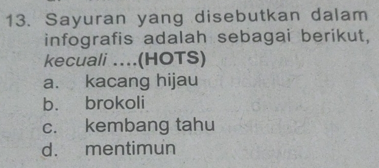 Sayuran yang disebutkan dalam
infografis adalah sebagai berikut,
kecuali ....(HOTS)
a. kacang hijau
b. brokoli
c. kembang tahu
d. mentimun