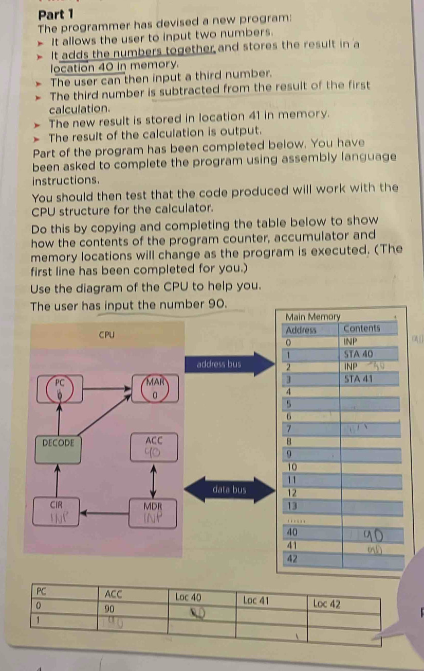 The programmer has devised a new program: 
It allows the user to input two numbers. 
It adds the numbers together and stores the result in a 
location 40 in memory. 
The user can then input a third number. 
The third number is subtracted from the result of the first 
calculation. 
The new result is stored in location 41 in memory. 
The result of the calculation is output. 
Part of the program has been completed below. You have 
been asked to complete the program using assembly language 
instructions. 
You should then test that the code produced will work with the 
CPU structure for the calculator. 
Do this by copying and completing the table below to show 
how the contents of the program counter, accumulator and 
memory locations will change as the program is executed. (The 
first line has been completed for you.) 
Use the diagram of the CPU to help you. 
The user has input the number 90. 
CPU 
0A 
address bus 
MAR 
0 
DECODE ACC 
data bus 
CIR MDR