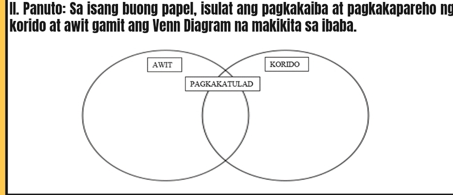 ll. Panuto: Sa isang buong papel, isulat ang pagkakaiba at pagkakapareho ng 
korido at awit gamit ang Venn Diagram na makikita sa ibaba.