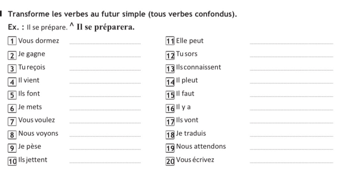 Transforme les verbes au futur simple (tous verbes confondus). 
Ex. : Il se prépare. ^ Il se préparera. 
1 Vous dormez _ 11 Elle peut_ 
2 Je gagne _ 12 Tu sors_ 
3 Tu reçois _ 13 Ils connaissent_ 
4 Il vient _ 14 Il pleut_ 
5 Ils font _ 15 II faut_ 
6 Je mets _ 16 l ya_ 
7 Vous voulez _ 17 Ils vont_ 
8 Nous voyons _ 18 Je traduis_ 
9 Je pèse _ 19 Nous attendons_ 
10 Ils jettent _ 20 Vous écrivez_