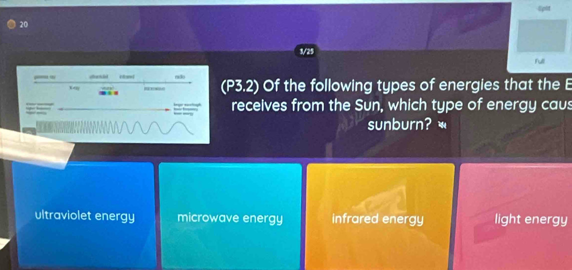 20
3/25
. shratical ndo
(P3.2) Of the following types of energies that the E
lgr suctigh receives from the Sun, which type of energy caus
sunburn? *
ultraviolet energy microwave energy infrared energy light energy