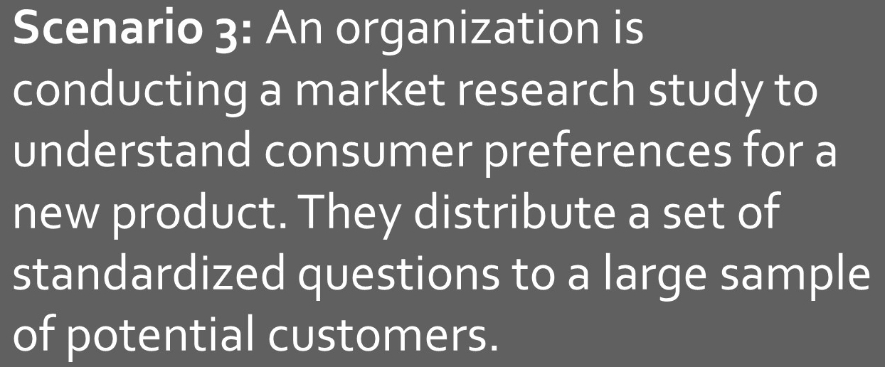 Scenario 3: An organization is 
conducting a market research study to 
understand consumer preferences for a 
new product. They distribute a set of 
standardized questions to a large sample 
of potential customers.