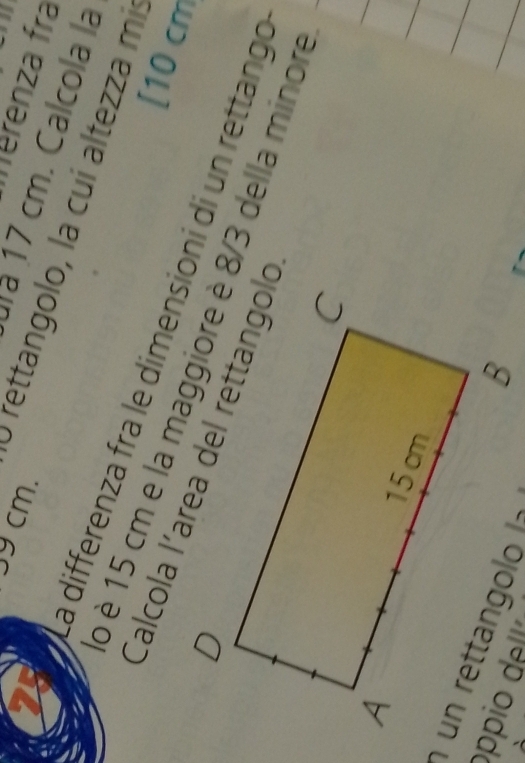 Merenza fr 
ula 17 cm. Calcola la
9 cm. O rettangolo, la cuí altezza mi 
La differenza fra le dimensioni di un rettango 
[ 10 cm