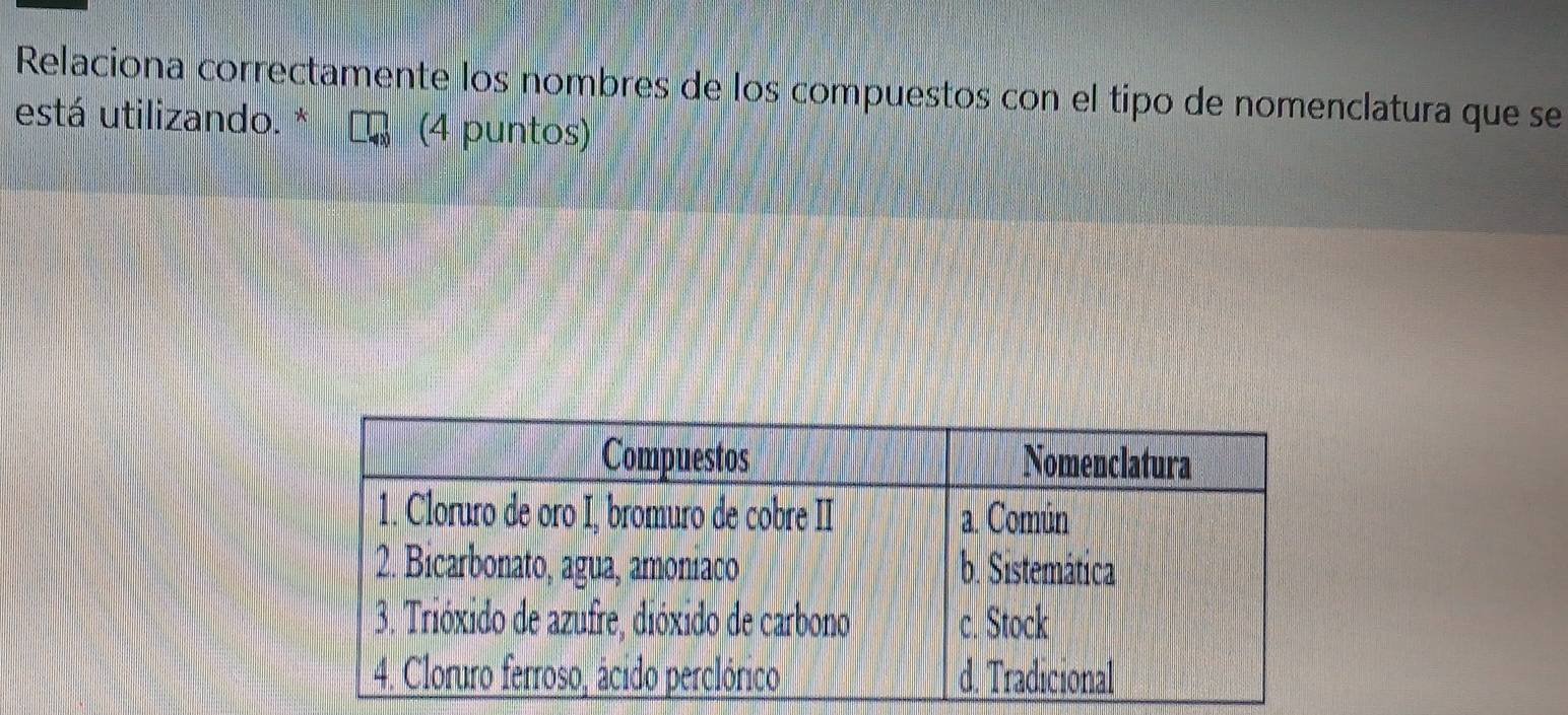 Relaciona correctamente los nombres de los compuestos con el tipo de nomenclatura que se 
está utilizando. * (4 puntos)