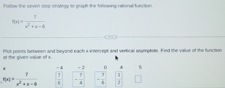 Follow the seven step strategy to graph the following rational function.
f(x)= 7/x^2+x-6 
Plot points between and beyond each x-intercept and vertical asymptote. Find the value of the function
at the given value of x