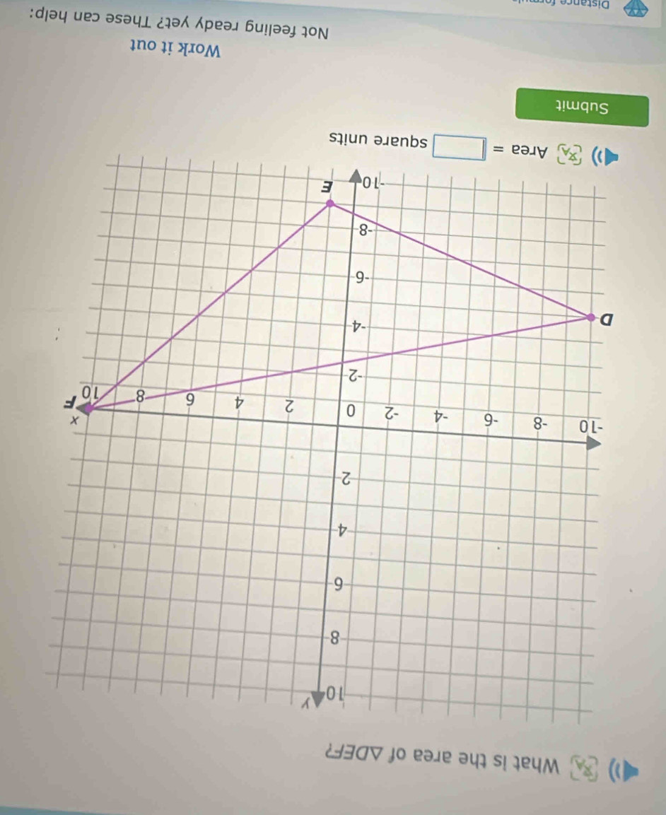 What is the area of △ DEF 2
quare units
Submit
Work it out
Not feeling ready yet? These can help: