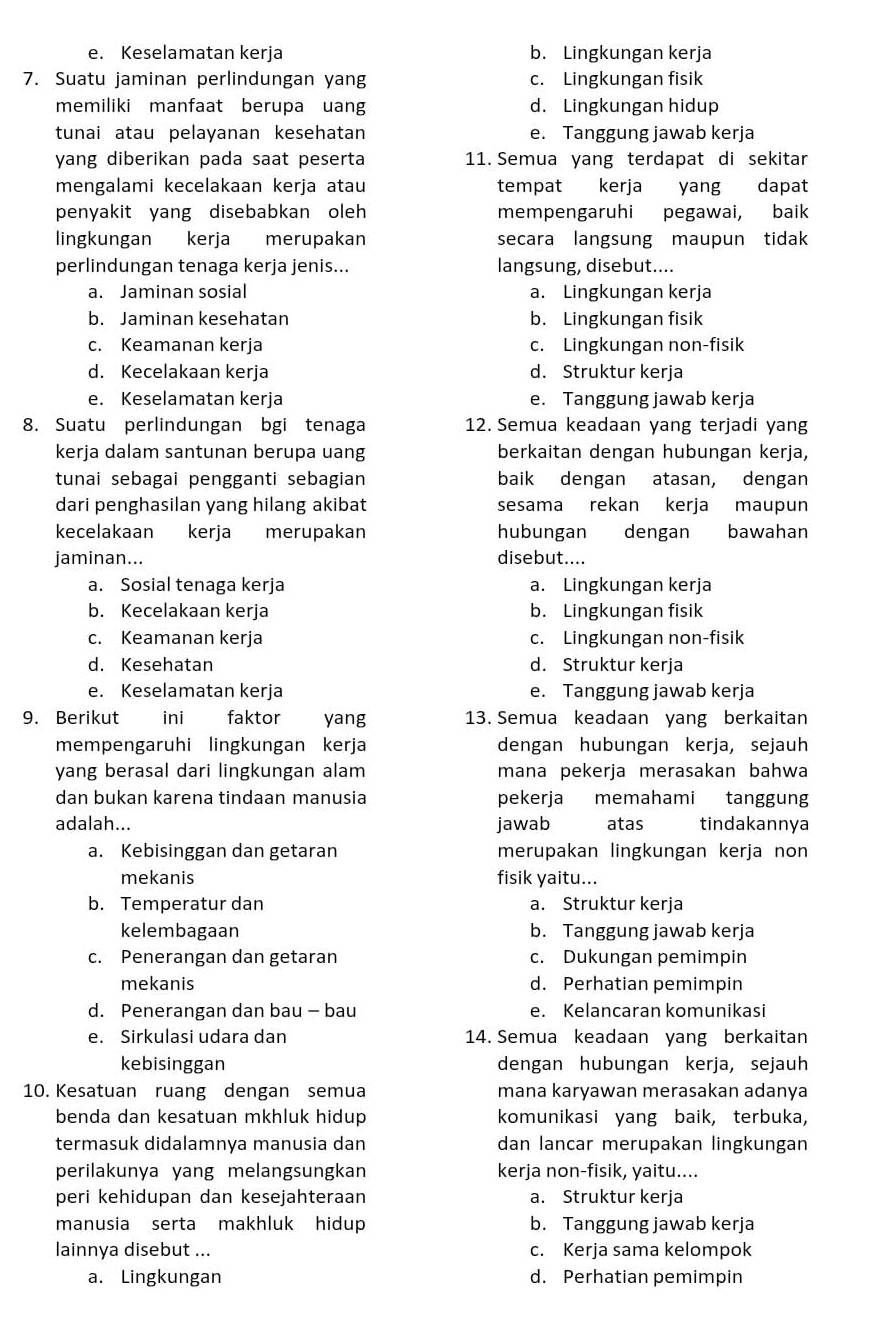 e. Keselamatan kerja b. Lingkungan kerja
7. Suatu jaminan perlindungan yang c. Lingkungan fisik
memiliki manfaat berupa uan d. Lingkungan hidup
tunai atau pelayanan kesehatan e. Tanggung jawab kerja
yang diberikan pada saat peserta 11. Semua yang terdapat di sekitar
mengalami kecelakaan kerja atau tempat kerja yang dapat
penyakit yang disebabkan oleh mempengaruhi pegawai, baik
lingkungan kerja merupakan secara langsung maupun tidak
perlindungan tenaga kerja jenis... langsung, disebut....
a. Jaminan sosial a. Lingkungan kerja
b. Jaminan kesehatan b. Lingkungan fisik
c. Keamanan kerja c. Lingkungan non-fisik
d. Kecelakaan kerja d. Struktur kerja
e. Keselamatan kerja e. Tanggung jawab kerja
8. Suatu perlindungan bgi tenaga 12. Semua keadaan yang terjadi yang
kerja dalam santunan berupa uang berkaitan dengan hubungan kerja,
tunai sebagai pengganti sebagian baik dengan atasan, dengan
dari penghasilan yang hilang akibat sesama rekan kerja maupun
kecelakaan kerja merupakan hubungan dengan bawahan
jaminan... disebut....
a. Sosial tenaga kerja a. Lingkungan kerja
b. Kecelakaan kerja b. Lingkungan fisik
c. Keamanan kerja c. Lingkungan non-fisik
d. Kesehatan d. Struktur kerja
e. Keselamatan kerja e. Tanggung jawab kerja
9. Berikut ini faktor yang 13. Semua keadaan yang berkaitan
mempengaruhi lingkungan kerja dengan hubungan kerja, sejauh
yang berasal dari lingkungan alam mana pekerja merasakan bahwa
dan bukan karena tindaan manusia pekerja memahami tanggung
adalah... jawab atas tindakannya
a. Kebisinggan dan getaran merupakan lingkungan kerja non
mekanis fisik yaitu...
b. Temperatur dan a. Struktur kerja
kelembagaan b. Tanggung jawab kerja
c. Penerangan dan getaran c. Dukungan pemimpin
mekanis d. Perhatian pemimpin
d. Penerangan dan bau - bau e. Kelancaran komunikasi
e. Sirkulasi udara dan 14. Semua keadaan yang berkaitan
kebisinggan dengan hubungan kerja, sejauh
10. Kesatuan ruang dengan semua mana karyawan merasakan adanya
benda dan kesatuan mkhluk hidup komunikasi yang baik, terbuka,
termasuk didalamnya manusia dan dan lancar merupakan lingkungan
perilakunya yang melangsungkan kerja non-fisik, yaitu....
peri kehidupan dan kesejahteraan a. Struktur kerja
manusia serta makhluk hidup b. Tanggung jawab kerja
lainnya disebut ... c. Kerja sama kelompok
a. Lingkungan d. Perhatian pemimpin