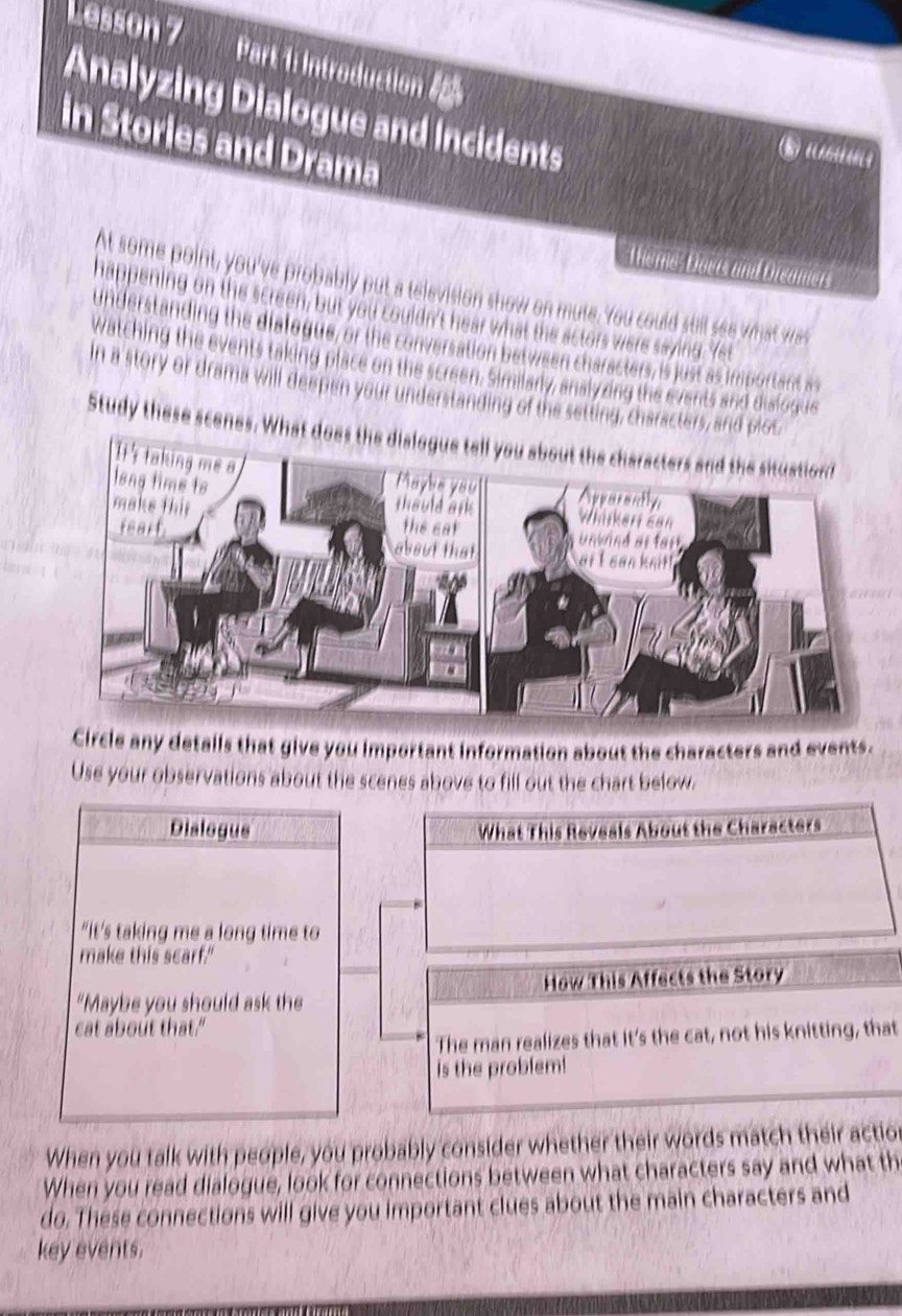Lesson 7 Part 1: Introduction 
Analyzing Dialogue and Incidents 
in Stories and Drama 
Theme: Doers and Dreamers 
At some point, you've probably put a television show on mute. You could still see what was 
happening on the screen, but you couldn't hear what the actors were saying. Yet 
inderstanding the dialogue, or the conversation between characters, is just as important a 
watching the events taking place on the screen, Similarly, analyzing the events and dialoque 
In a story or drama will deepen your understanding of the setting, characters, and 
Study these scenes. Wh 
Circle any detalls that give you important information about the characters and events. 
Use your observations about the scenes above to fill out the chart below. 
Dialegue What This Reveals About the Characters 
“It's taking me a long time to 
make this scarf." 
“Maybe you should ask the How This Affects the Story 
cat about that." 
The man realizes that it's the cat, not his knitting, that 
is the problem! 
When you talk with people, you probably consider whether their words match their action 
When you read dialogue, look for connections between what characters say and what th 
do. These connections will give you important clues about the main characters and 
key events.