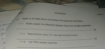 710 
ASSIGNMENT 
1V 9M 3 
1 Refer to the table above and answer the questions that follow 
1 1 1 Briefly explain the difference between fixed and variable expenses 
_ 
(2) 
1. 1.2 Determine the value of A. the total monthly income 
_(2) 
1 1 3 List TWO variable expenses 
_