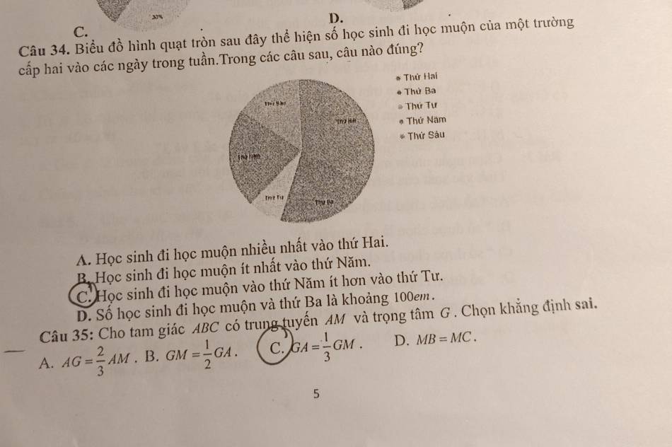 C.
Câu 34. Biểu đồ hình quạt tròn sau đây thể hiện số học sinh đi học muộn của một trường
cấp hai vào các ngày trong tuần.Trong các câu sau, câu nào đúng?
Thử Hai
Thử Ba
Thứ Tư
Thứ Năm
Thứ Sâu
A. Học sinh đi học muộn nhiều nhất vào thứ Hai.
B. Học sinh đi học muộn ít nhất vào thứ Năm.
C. Học sinh đi học muộn vào thứ Năm ít hơn vào thứ Tư.
D. Số học sinh đi học muộn và thứ Ba là khoảng 100em.
Câu 35: Cho tam giác ABC có trung tuyến AM và trọng tâm G. Chọn khẳng định sai.
A. AG= 2/3 AM. B. GM= 1/2 GA. C. GA= 1/3 GM. D. MB=MC. 
5