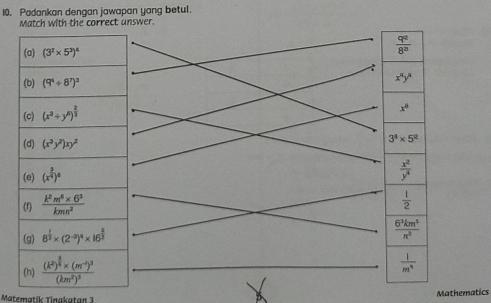 Padankan dengan jawapan yang betul.
Match with the correct unswer.
 q^2/8^3 
x^4y^8
x^6
3^4* 5^2
 x^2/y^4 
 1/2 
 6^3km^3/n^2 
 1/m^4 
Matematik Tinakatan 3 Mathematics