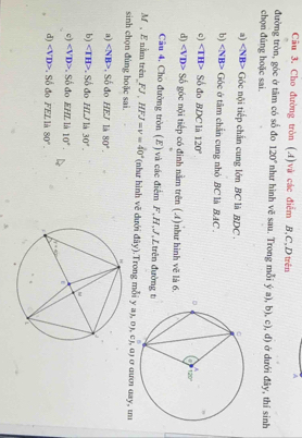 A
Câu 3. Cho đường tròn (A)và các điễm B,C,Dtrên
đường tròn, góc ở tâm có số đo 120° như hình vẽ sau. Trong mỗi ý a), b), c), d) ở dưới đây, thí sinh
chọn đúng hoặc sai.
a) Góc nội tiếp chắn cung lớn BC là BDC. 
b) Góc ở tâm chấn cung nhỏ BC là BAC .
c) Số đo BDC là 120°
d) Sdelta -  góc nội tiếp có đinh nằm trên (4)như hình vẽ là 6.
Câu 4, Cho đường tròn (E) và các điểm F, H,J,L trên đường 
M , E nằm trên FJ HFJ=v=40° (như hình vẽ dưới a_2 ).Trong mỗi yaj,o),cj α) σ dươ ωay, m
sinh chọn đùng hoặc sai.
a) Số đo HEJ 1 80°.
b) ∠ TH>. Số đo HLJ là 30°.
c) ∠ VD>. Số đo EHL là 10°.
d) , Số đo FEL là 80°.