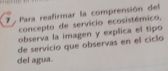 Para reafirmar la comprensión del 
concepto de servicio ecosistémico, 
observa la imagen y explica el tipo 
de servicio que observas en el ciclo 
del agua.