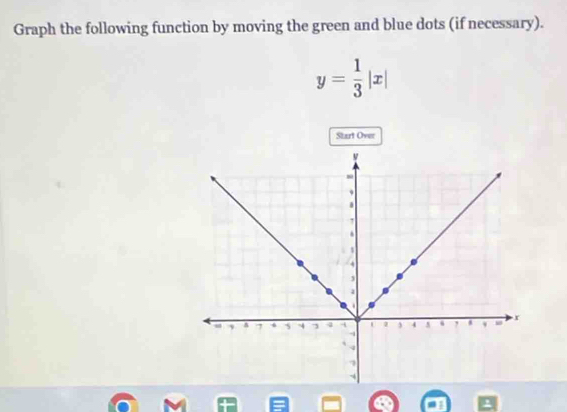 Graph the following function by moving the green and blue dots (if necessary).
y= 1/3 |x|
Start Over