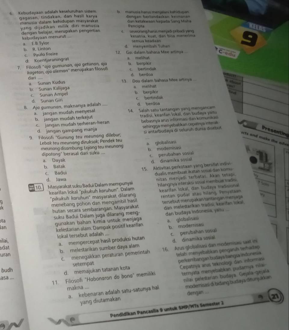 Kebudayaan adalah keseluruhan sistem b. manusia harus menjalani kehidupan
gagasan, tindakan, dan hasil karya dengan berländaskan keimanan
manusia dalam kehidupan masyarakat dan ketakwaan kepada Sang Maha
yang dijadíkan milik diri manusia Pencipta
KELAS
dengan belajar, merupakan pengertian c sesecrang harus menjadi pribadi yang
kebudayaan menurut .... kesatria, kuat, dan bisa menerima
a. E.B Tylor semua keadaán
g
b. R. Linton d. menyembah Tuhan
c. Paulo Freire 12. Goi dalarn bahasa Mee artinya C-edu
d. Koentjaraningrat a. melihat
7. Filosofi "aja gumunan, aja getunan, aja b. berpikir
kagetan, aja aleman" merupakan filosofi c. bertindak
dari ..... d. berdoa
oduce
a. Sunan Kudus 13. Dou dalam bahasa Mee artinya dk about
b. Sunan Kalijaga a. melihat
west
c. Sunan Ampel b. berpikir
lnd
d. Sunan Giri c. bertindak
8. Aja gumunan, maknanya adalah ..... d. berdoa
a. jangan mudah menyesal 14. Salah satu tantangan yang mengancam
b. jangan mudah terkejut tradisi, kearifan lokal, dan budaya yaitu
c. jangan mudah terheran-heran bebasnya arus informasi dan komunikasi
d. jangan gampang manja sehingga menyebabkan cepatnya interak 
9. Filosofi "Gunung teu meunang dilebur; si antarbudaya di seluruh dunia disebut
Presenting
icts and make the adv
Lebak teu meunang diruksak; Pendek teu
meunang disambung; Lojong teu meunang a. globalisasi
dipotong" berasal dari suku .... b. modernisasi
a. Dayak c. perubahan sosial

b. Batak d. dinamika sosial
c. Badui 15. Aktivitas perkotaan yang bersifat indiv
dualis membuat ikatan sosial dan komu
d. Jawa
10. Masyarakat suku Badui Dalam mempunyai nitas menjadi terbatas. Akan tetap. '>
kearifan lokal “pikukuh køruhun”. Dalam hilangnya interaksi sosial membuat tradisi
a "pikukuh kɑruhun" masyarakat dilarang kearifan lokal, dan budaya tradisional
1 Solo
menebang pohon dan mengambil hasil tersebut merupakan tantangan menjaga
try
k rentan pudar atau hilang. Penyataan
hutan secara sembarangan. Masyarakat
ta suku Badui Dalam juga dilarang meng- dan melestarikan tradisi, kearifan lokal,
gunakan bahan kimia untuk menjaga dan budaya Indonesia, yaitu ...
Ian
kelestarian alam. Dampak positif kearifan a. globalisas
b. modernisasi
lokal tersebut adalah
a. mempercepat hasil produksi hutan c. perubahan sosial
hilai,
d. dinamika sosial
adat
c. menegakkan peraturan pemerintah 16. Arus globalisasi dan moderisasi saat in
uran b. melestarikan sumber daya alam
telah menyebabkan pengaruh terhadap
perkembangan budaya bangsa indonesia
budh setempat
ternyata menyebabkan pudamya nilai-
d. memajukan tatanan kota
11. Filosofi "Habonaron do bona" memiliki  Cepatrya arus teknologi dan informasi
asa ....
nilai pelestarian budaya. Gejala-gejala
a. kebenaran adalah satu-satunya hal moderisasi di bidang budaya ditunjulkan
makna ....
dengan ...
yang diutamakan
Pendidikan Pancasila 9 untuk SMP/MTs Semester 2 21