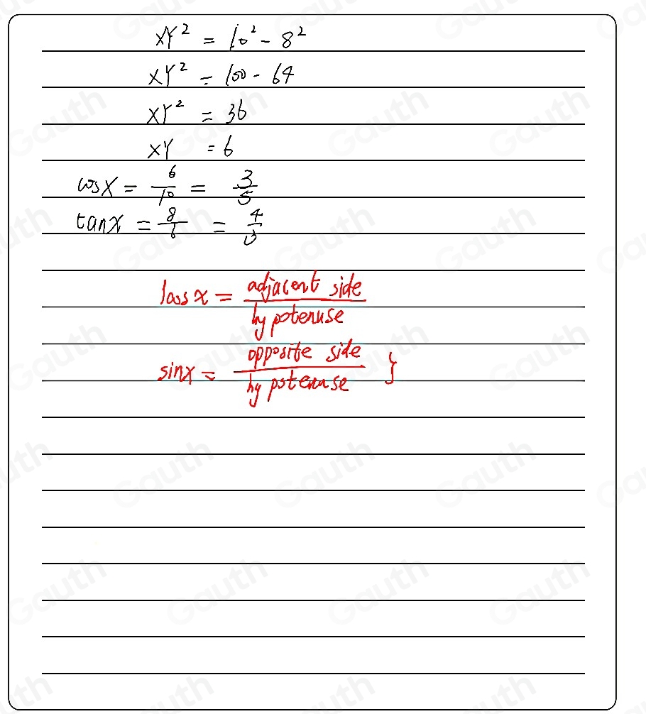Solved: In XYZ, ∠ Y is a right angle and sin X= 8/10 . Find cos and tan ...