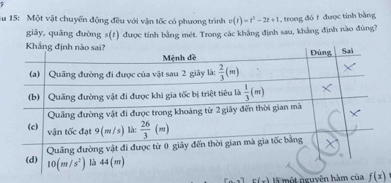 iu 15: Một vật chuyển động đều với vận tốc có phương trình v(t)=t^2-2t+1 , trong đó t được tính bằng
giãy, quãng đường s(t) được tính bằng mét. Trong các khẳng định sau, khẳng định nào đúng?
E(x) là một nguyên hàm của f(x)