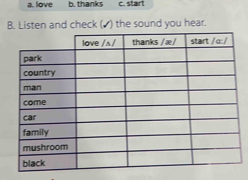 a. love b. thanks c. start
B. Listen and check (▲ ) the sound you hear.