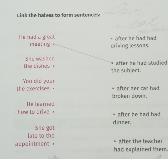 Link the halves to form sentences: 
He had a great after he had had 
meeting driving lessons. 
She washed 
the dishes · after he had studied 
the subject. 
You did your 
the exercises · after her car had 
broken down. 
He learned 
how to drive 
after he had had 
dinner. 
She got 
late to the 
appointment • 
after the teacher 
had explained them.