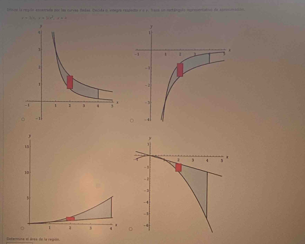 Ditsoe la región encerrada por las curvas dadas. Decida si integra respecto x e y. Trace un rectángulo representativo de aprosimación
r=3sqrt(3,)=3/x^2, x=4

Determine el área de la región.