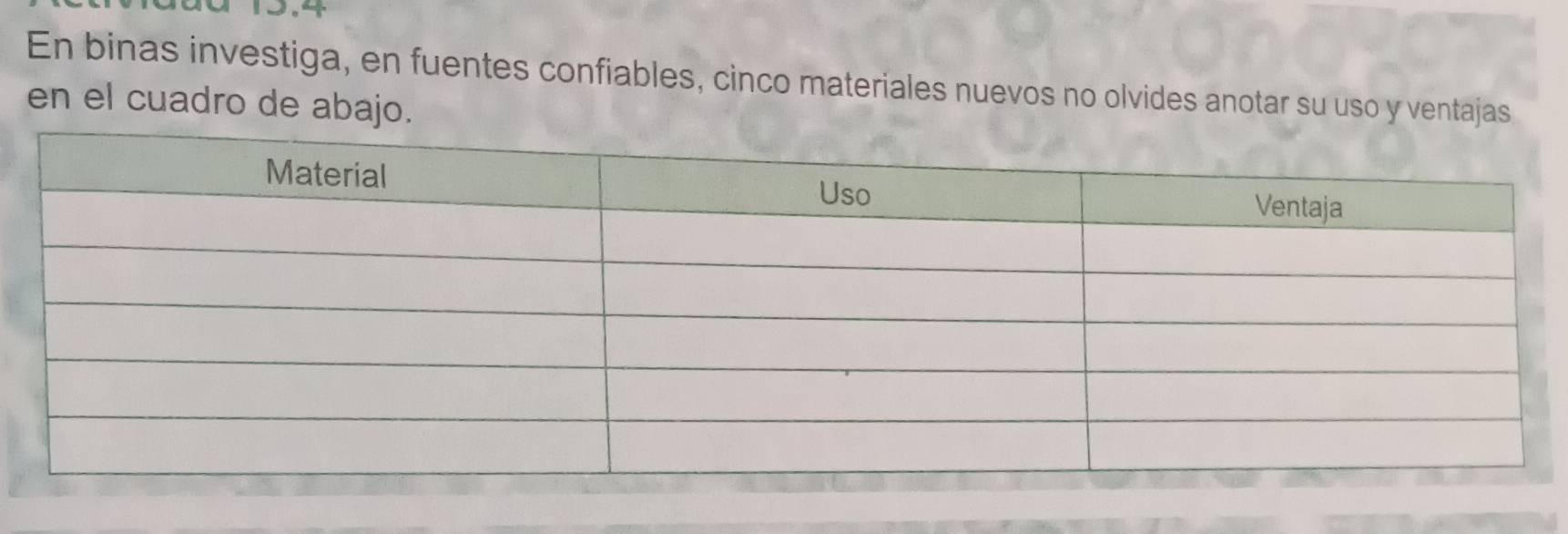 19.4 
En binas investiga, en fuentes confiables, cinco materiales nuevos no olvides anotar su uso y ventajas 
en el cuadro de abajo.