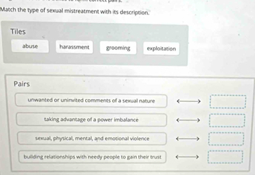 Match the type of sexual mistreatment with its description.
Tiles
abuse harassment grooming exploitation
Pairs
unwanted or uninvited comments of a sexual nature
taking advantage of a power imbalance
sexual, physical, mental, and emotional violence
building relationships with needy people to gain their trust