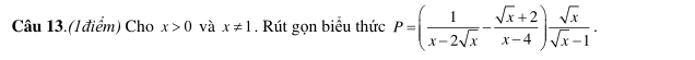 Câu 13.(1điểm) Cho x>0 và x!= 1. Rút gọn biểu thức P=( 1/x-2sqrt(x) - (sqrt(x)+2)/x-4 ) sqrt(x)/sqrt(x)-1 .