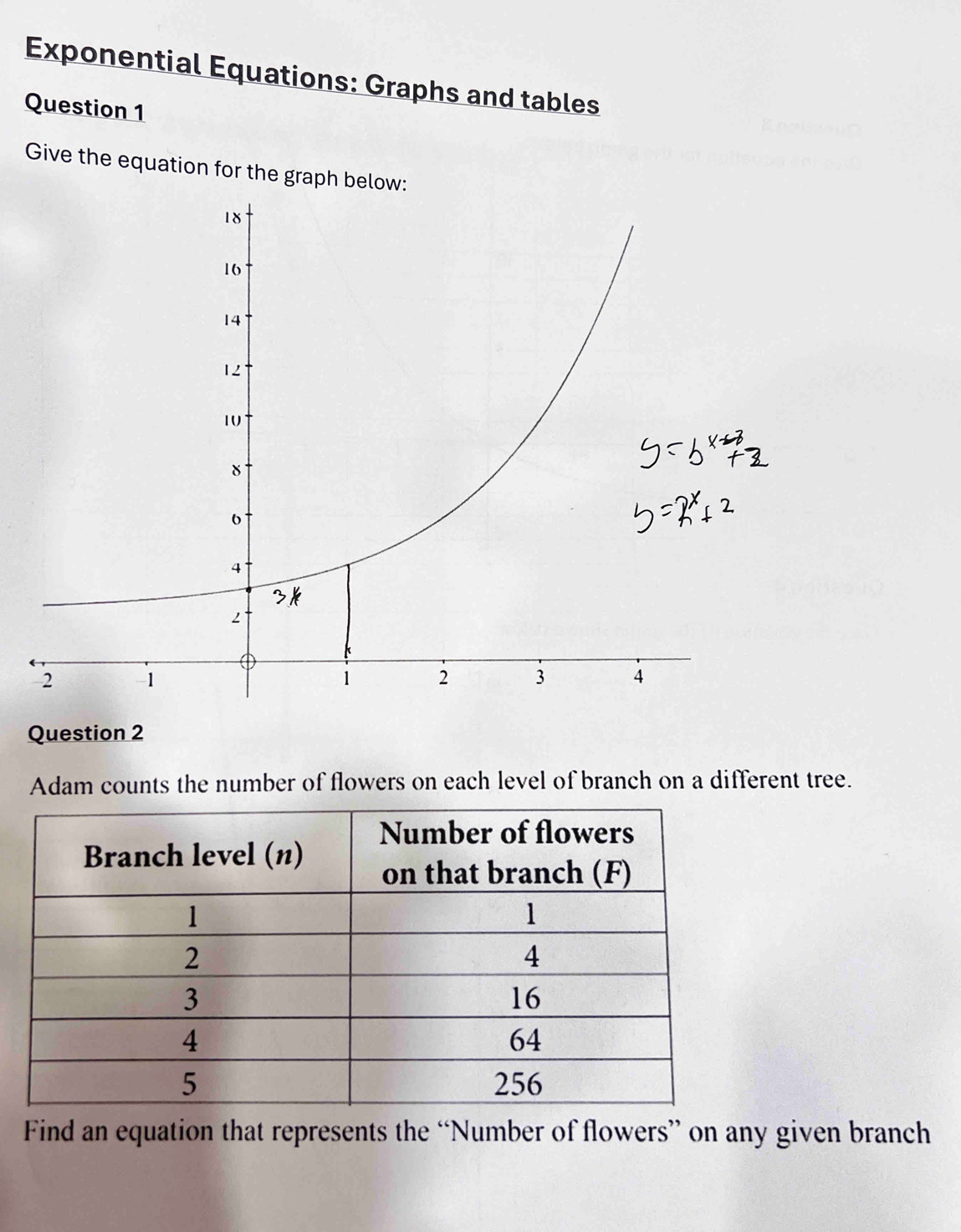 Exponential Equations: Graphs and tables 
Question 1 
Give the equation for the graph b 
Question 2 
Adam counts the number of flowers on each level of branch on a different tree. 
Find an equation that represents the “Number of flowers” on any given branch