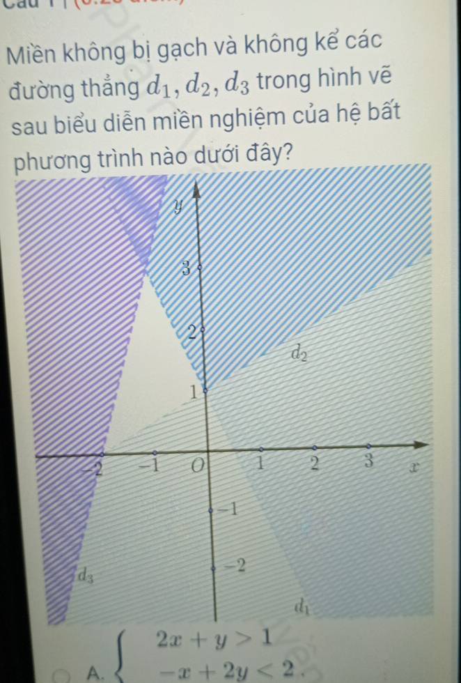 Miền không bị gạch và không kể các
đường thắng d_1,d_2,d_3 trong hình vẽ
sau biểu diễn miền nghiệm của hệ bất
pới đây?
A. beginarrayl 2x+y>1 -x+2y<2endarray.