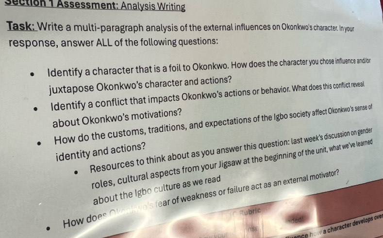 Assessment: Analysis Writing 
Task: Write a multi-paragraph analysis of the external influences on Okonkwo's character. In your 
response, answer ALL of the following questions: 
Identify a character that is a foil to Okonkwo. How does the character you chose influence and/or 
juxtapose Okonkwo's character and actions? 
Identify a conflict that impacts Okonkwo’s actions or behavior. What does this conflict reveal 
about Okonkwo’s motivations? 
How do the customs, traditions, and expectations of the Igbo society affect Okonkwo's sense of 
Resources to think about as you answer this question: last week’s discussion on gender 
identity and actions? 
roles, cultural aspects from your Jigsaw at the beginning of the unit, what we've learned 
about the Igbo culture as we read 
How does Okonkwo's fear of weakness or failure act as an external motivator? 
Aubric 
ance how a character develops ove