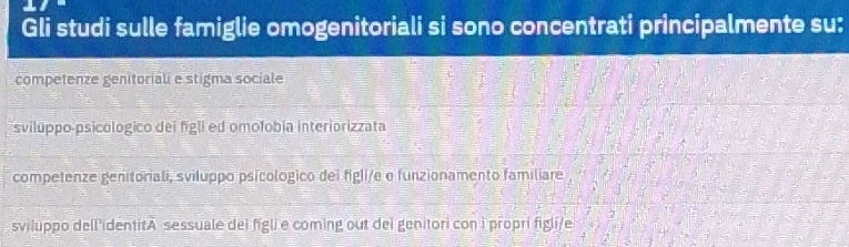 Gli studi sulle famiglie omogenitoriali si sono concentrati principalmente su:
competenze genitoriali e stigma sociale
sviluppo-psicologico dei figli ed omofobia interiorizzata
competenze genitoriali, sviluppo psicológico dei figli/e e funzionamento familiare
sviluppo dell'identitA sessuale dei figli e coming out dei genitori con i propri figli/e