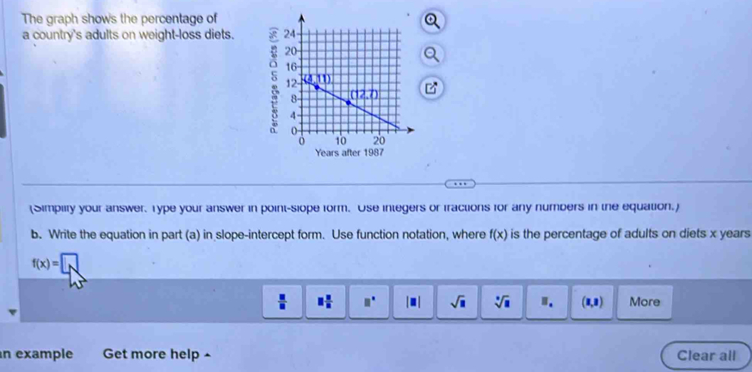 The graph shows the percentage of
a country's adults on weight-loss diets. 
5
(□)°
Years after 1987
(Simplity your answer. Type your answer in point-siope form. Use integers or fractions for any numbers in the equation.)
b. Write the equation in part (a) in slope-intercept form. Use function notation, where f(x) is the percentage of adults on diets x years
f(x)=
 □ /□   □  □ /□   □^(□) |□ | sqrt(□ ) sqrt[□](□ ) □ . (1,3) More
n example Get more help ^ Clear all