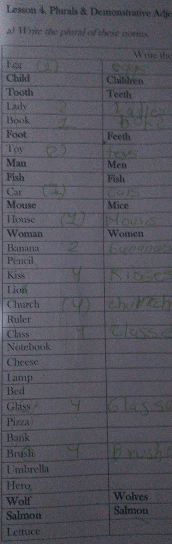 Lesson 4. Plurals & Demonstrative Adje 
a) Write the phural of these nouns. 
Write the 
Egg 
Child Children 
Tooth Teeth 
Lady 
Book 
Foot Feeth 
Toy 
Man Men 
Fish Fish 
Car 
Mouse Mice 
House 
Woman Women 
Banana 
Pencil 
Kiss 
Lion 
Church 
Ruler 
Class 
Notebook 
Cheese 
Lamp 
Bed 
Glass 
Pizza 
Bank 
Bruslì 
Umbrella 
Hero 
Wolf 
Wolves 
Salmon 
Salmon 
Lettuce