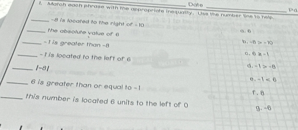 Date Pd
1. Match each phrase with the appropriate inequality. Use the number line to help,
_ -8 is located to the right of - 10
_the absolute value of 6
a. 6
_ -1 is greater than -8
b. -8≥slant -10
c , 6≥ -1
_ -1 is located to the left of 6 d. -1>-8
_ -8
0. -1<6</tex> 
_ 6 is greater than or equal to -1
f. 8
_this number is located 6 units to the left of 0
g.-6
