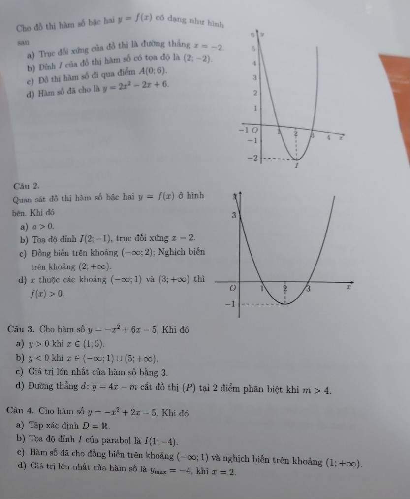 Cho đồ thị hàm số bậc hai y=f(x) có dạng như hình
sau
a) Trục đối xứng của đồ thị là đường thắng x=-2
b) Đỉnh / của đồ thị hàm số có tọa độ là (2;-2).
c) Đồ thị hàm số đi qua điểm A(0;6).
d) Hàm số đã cho là y=2x^2-2x+6.
Câu 2.
Quan sát đồ thị hàm số bậc hai y=f(x) ở hình
bēn. Khi đó
a) a>0.
b) Toạ độ đỉnh I(2;-1) , trục đối xứng x=2.
c) Đồng biến trên khoảng (-∈fty ;2); Nghịch biến
trēn khoảng (2;+∈fty ).
d) x thuộc các khoảng (-∈fty ;1) và (3;+∈fty ) thì
f(x)>0.
Câu 3. Cho hàm số y=-x^2+6x-5. Khi đó
a) y>0 khi x∈ (1;5).
b) y<0</tex> khi x∈ (-∈fty ;1)∪ (5;+∈fty ).
c) Giá trị lớn nhất của hàm số bằng 3.
d) Đường thẳng d: y=4x-m cất đồ thị (P) tại 2 điểm phân biệt khi m>4.
Câu 4. Cho hàm số y=-x^2+2x-5.  Khi đó
a) Tập xác định D=R.
b) Tọa độ đỉnh I của parabol là I(1;-4).
c) Hàm số đã cho đồng biến trên khoảng (-∈fty ;1) và nghịch biến trên khoảng (1;+∈fty ).
d) Giá trị lớn nhất của hàm số là y_max=-4 , khi x=2.