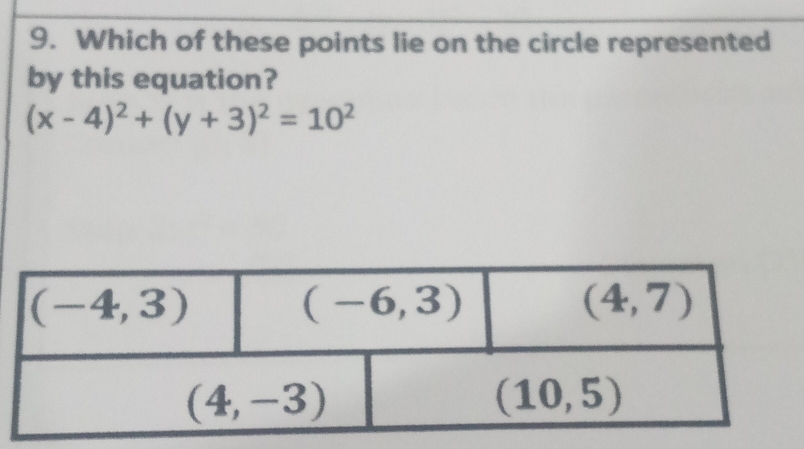 Which of these points lie on the circle represented
by this equation?
(x-4)^2+(y+3)^2=10^2