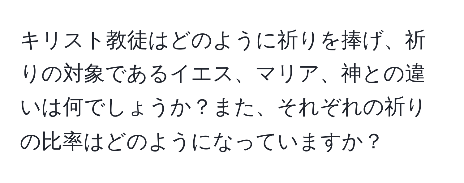 キリスト教徒はどのように祈りを捧げ、祈りの対象であるイエス、マリア、神との違いは何でしょうか？また、それぞれの祈りの比率はどのようになっていますか？