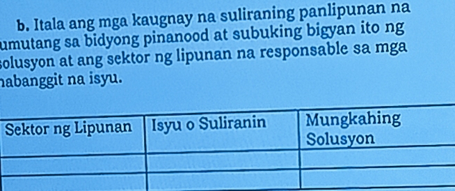 Itala ang mga kaugnay na suliraning panlipunan na 
umutang sa bidyong pinanood at subuking bigyan ito ng 
solusyon at ang sektor ng lipunan na responsable sa mga 
habanggit na isyu.