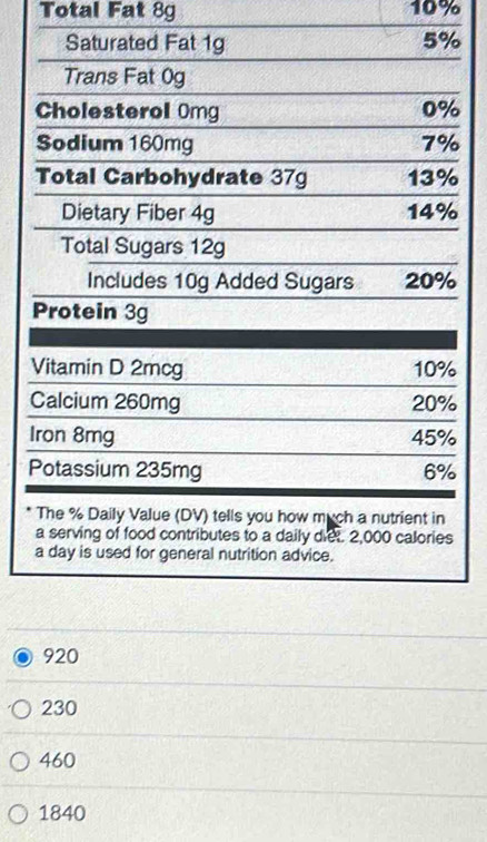 Total Fat 8g 10%
I
920
230
460
1840