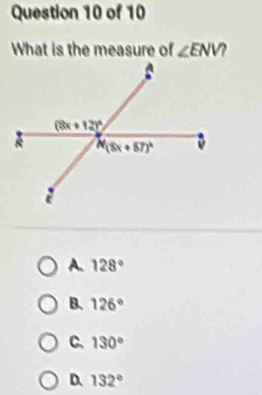 What is the measure of ∠ ENV
A. 128°
B. 126°
C. 130°
D. 132°