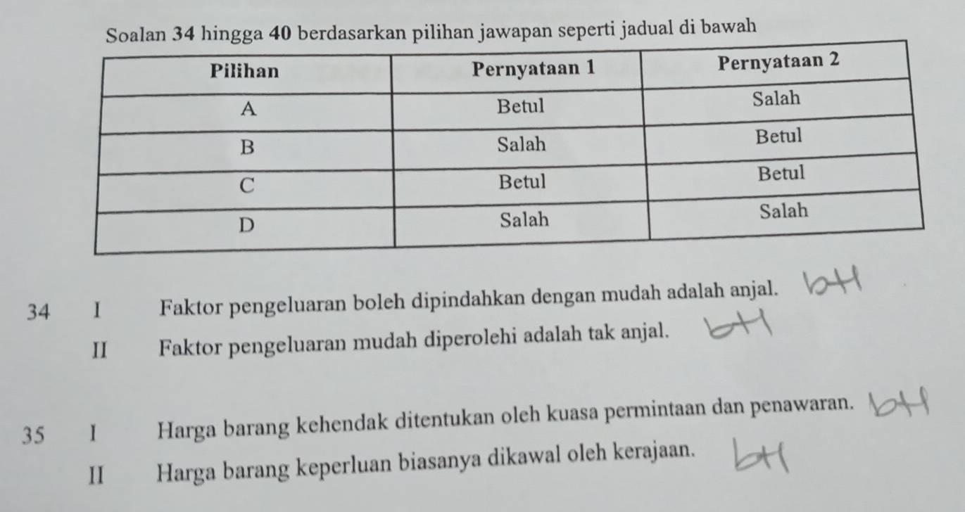 Soalan 34 hingga 40 berdasarkan pilihan jawapan seperti jadual di bawah 
34 I Faktor pengeluaran boleh dipindahkan dengan mudah adalah anjal. 
II Faktor pengeluaran mudah diperolehi adalah tak anjal. 
35 I Harga barang kehendak ditentukan oleh kuasa permintaan dan penawaran. 
II Harga barang keperluan biasanya dikawal oleh kerajaan.